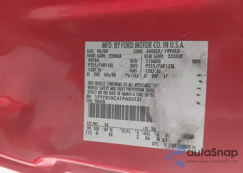 2001 Ford Ranger Xl/Xlt z USA, uszkodzony, nr VIN 1FTYR10C41PA03131